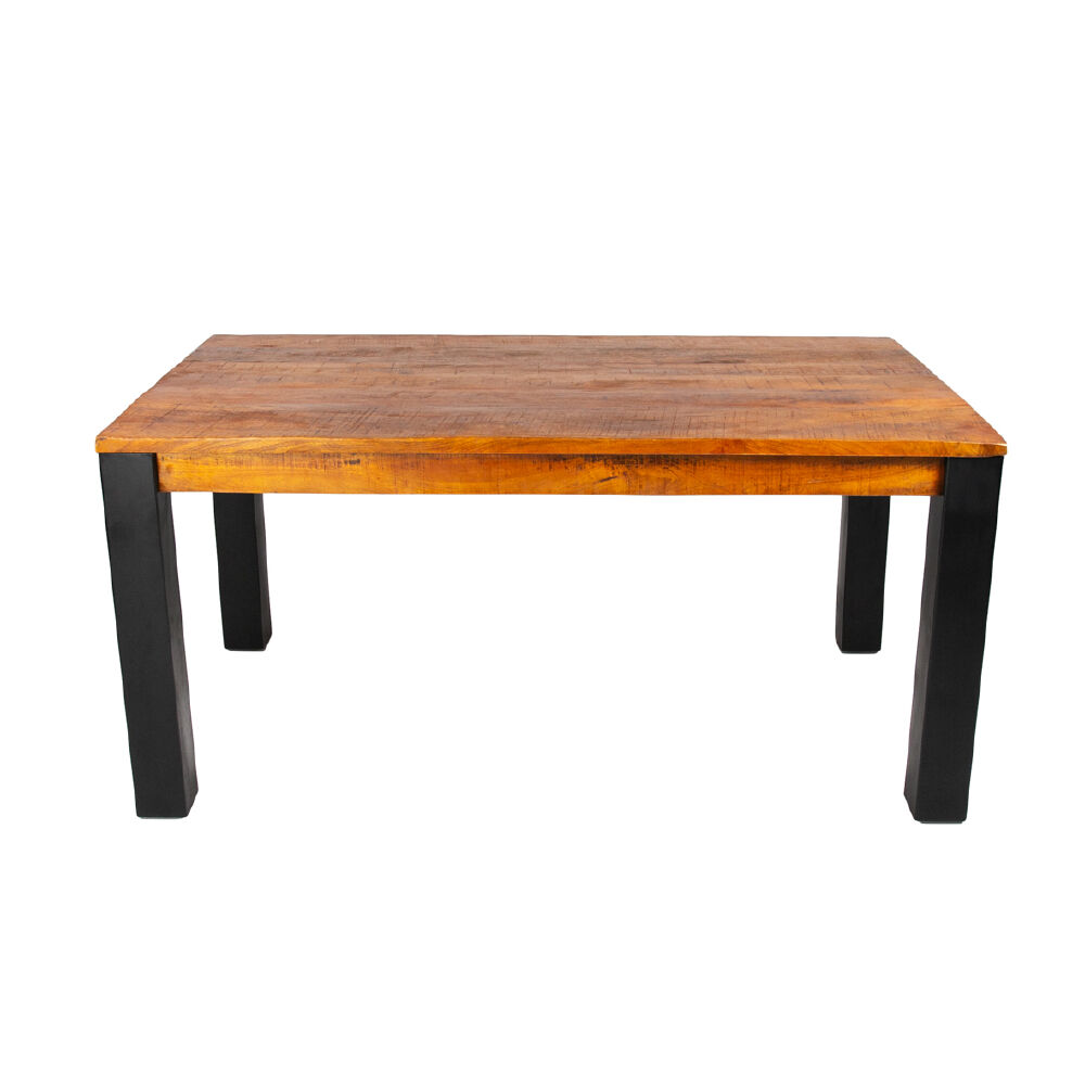 Eettafel Capri zwart 200x100 cm met mangohouten blad en zwart stalen onderstel, industrieel design