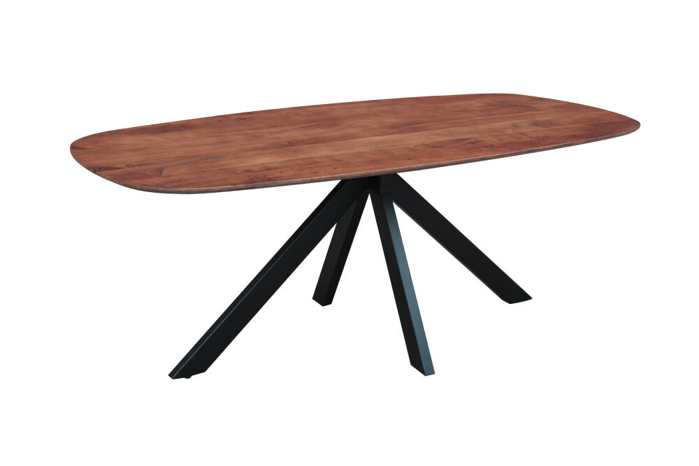 Eettafel Skiedon 200x100 cm, Deens ovaal walnootkleurig blad van massief acaciahout met zwarte kruispoot