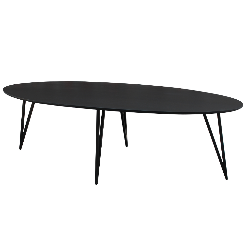 Eettafel Spankeren 250x110 cm, zwart ovale mangohouten tafel met zwarte hairpin poten