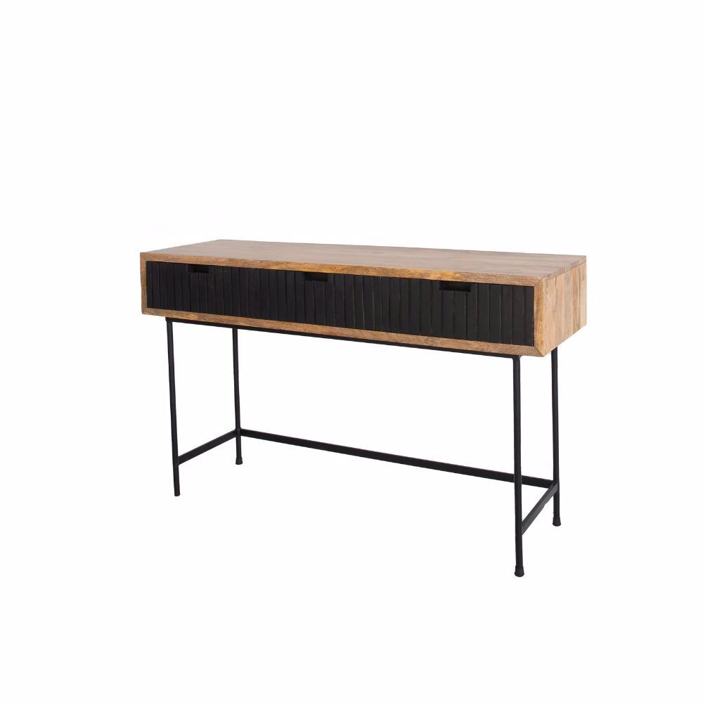 Kaptafel Steinten Zwart met mangohouten blad, zwarte lades en slanke metalen poten
