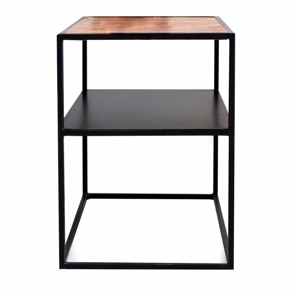 Bijzettafel Maunnak Zwart met mangohouten blad, visgraatpatroon en zwart stalen frame met plank