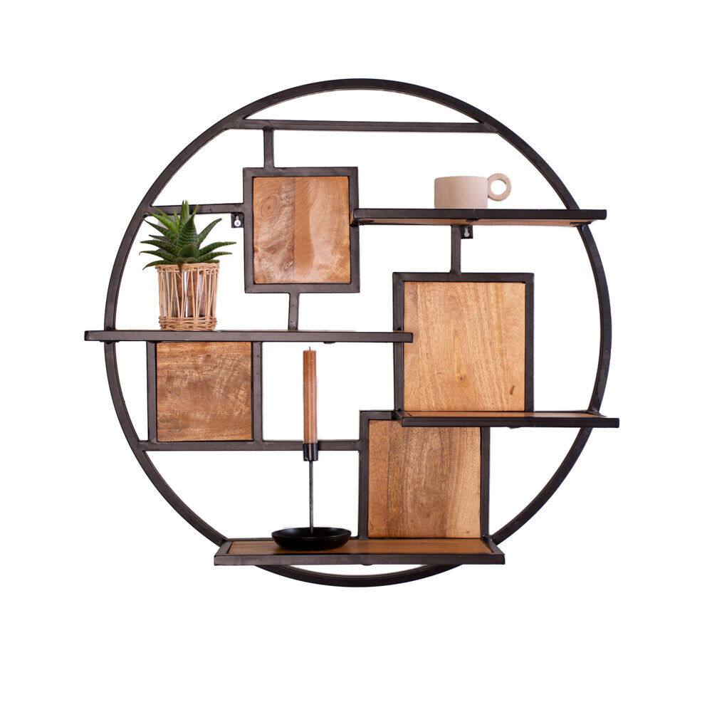 Wandrek Jaave met rond metalen frame en vier mangohouten planken, industriële wanddecoratie