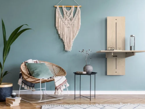 Wandbureau Bermis 48 cm, minimalistisch muurbureau in berkenmultiplex met verstelbaar werkblad in lichte woonruimte