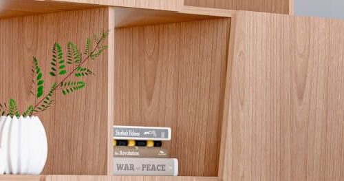 Wandplank Feenik 140 cm in eikenfineer, moderne houten vakkenkast met strakke lijnen en warme uitstraling