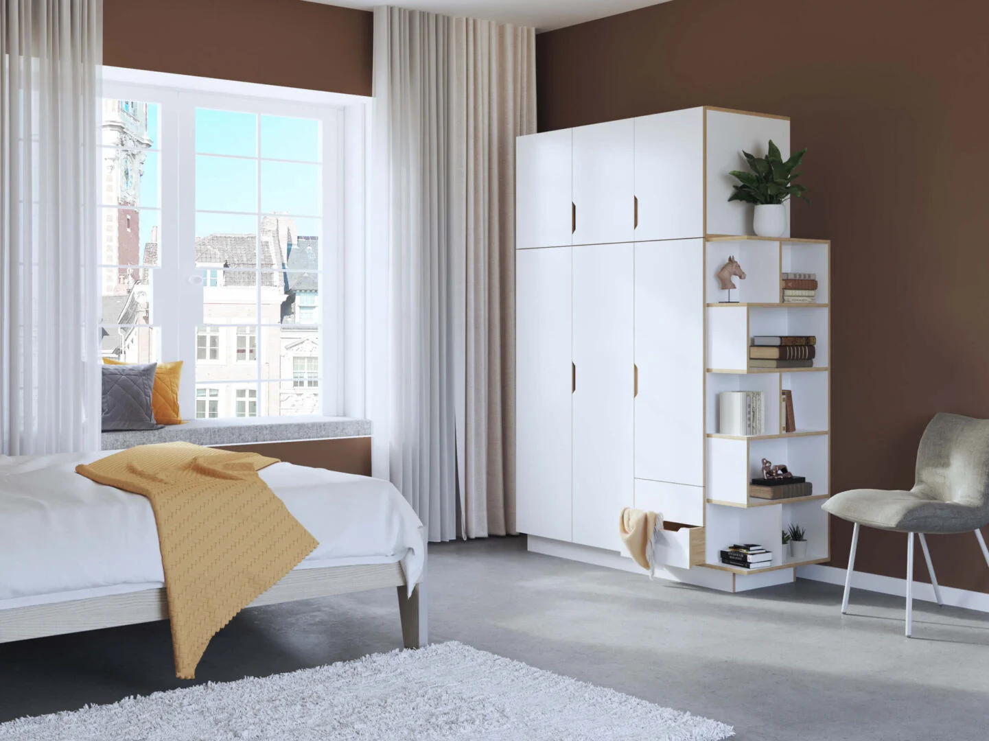 Kledingkast Skendino 193 cm, witte garderobekast met open vakken in moderne slaapkamer
