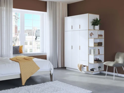 Kledingkast Fiestis 159 cm in wit HPL met 3 deuren en open vakken, stijlvol in moderne slaapkamer