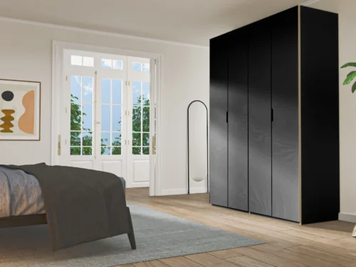 Kledingkast Jaukel 160 cm in zwart HPL, strakke hoge 4-deurs kast in een rustige slaapkamer