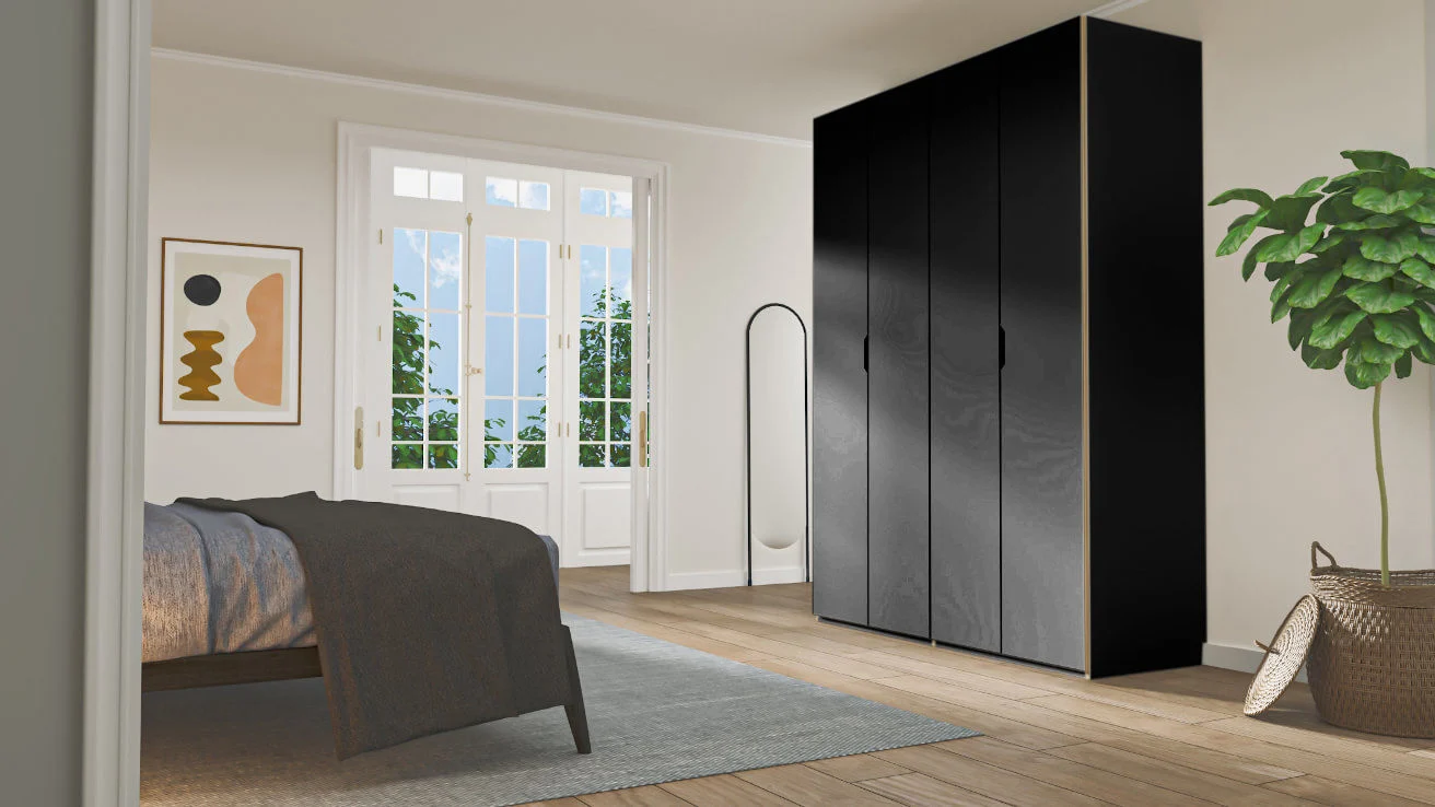 Kledingkast Jaukel 160 cm in zwart HPL, strakke hoge 4-deurs kast in een rustige slaapkamer