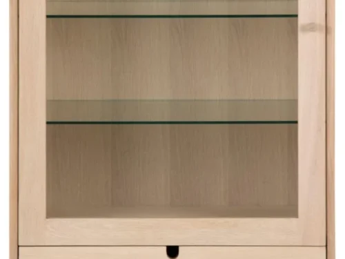 Vitrinekast Pukane Wit 72 cm met glazen deur, 3 verstelbare planken en 2 lades, licht houtdesign
