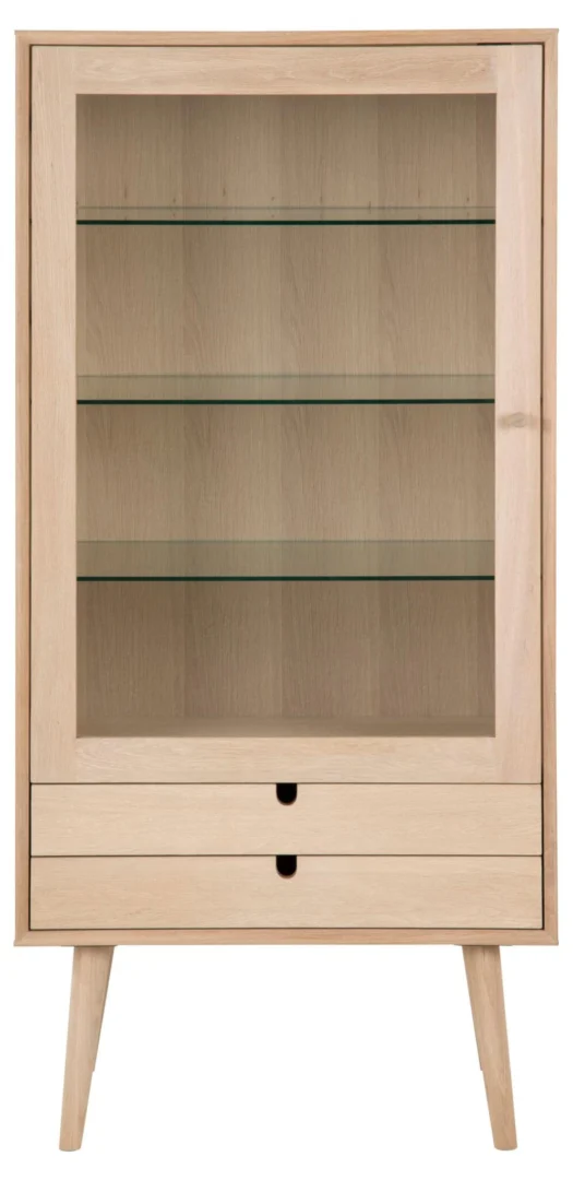 Vitrinekast Pukane Wit 72 cm met glazen deur, 3 verstelbare planken en 2 lades, licht houtdesign