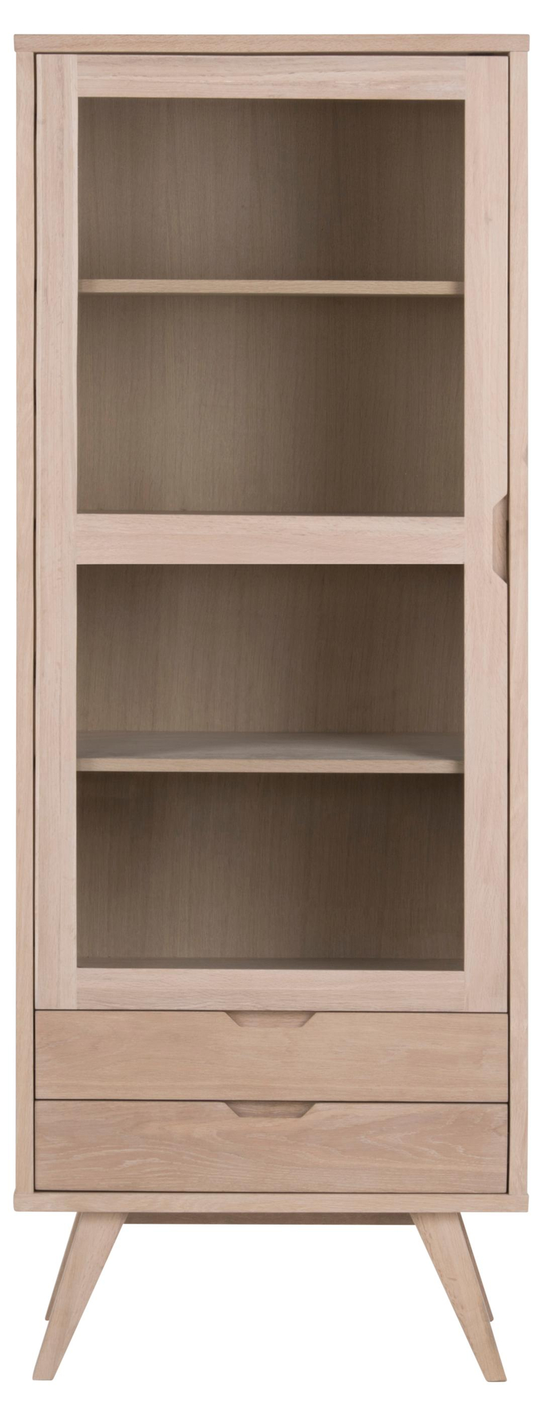 Displaykast Slauldak Wit 72 cm met glazen deur, 2 lades en lichte Scandinavische eikenlook