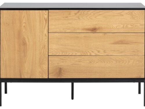 Dressoir Peintano zwart 120 cm met mat wilde eiken deuren en lades, industriële look op stalen poten