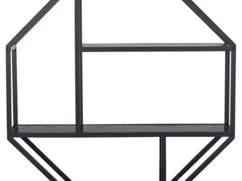 Wandplank Marnund 77 cm met achthoekig frame, matzwart staal en vier aszwarte MDF-planken