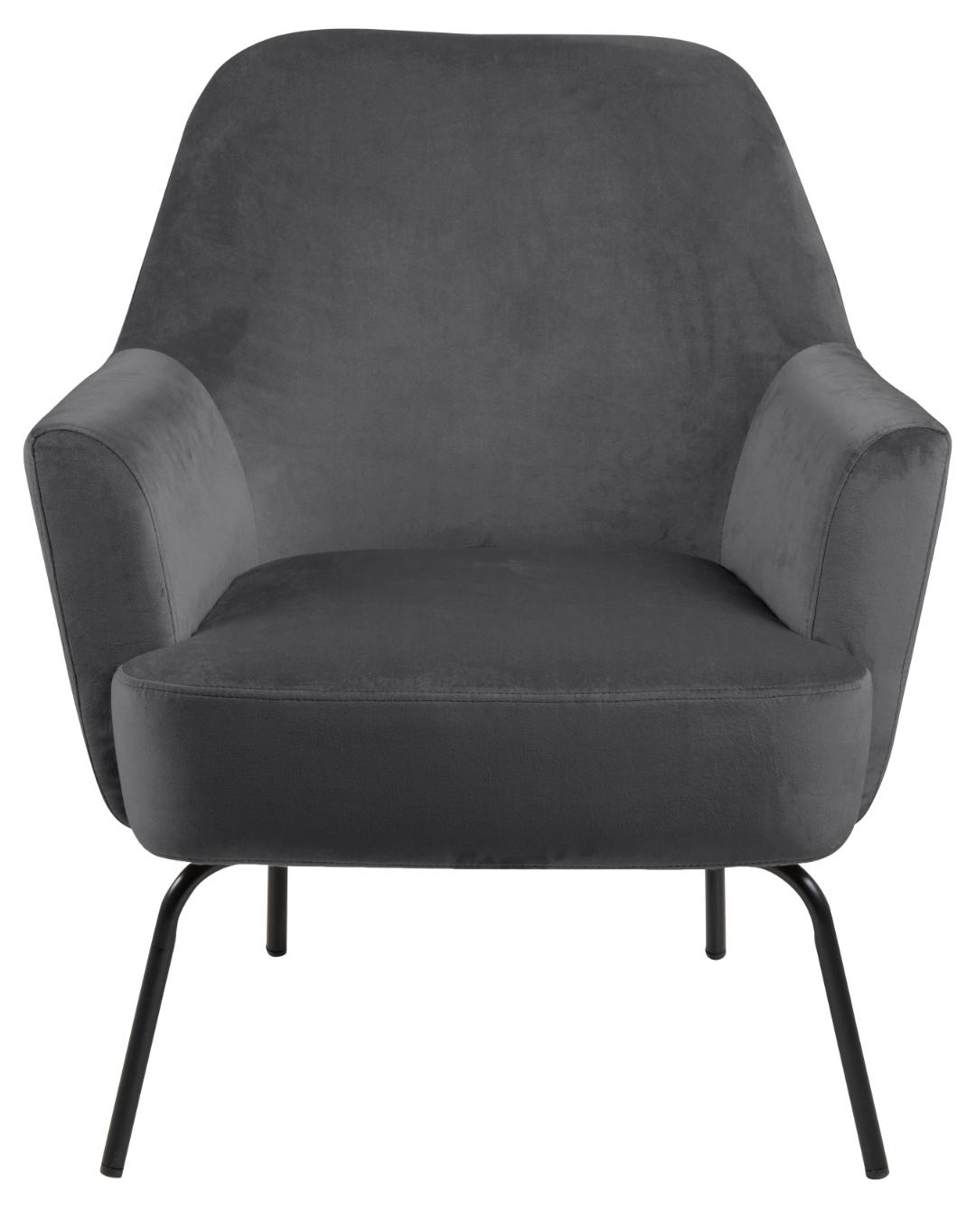 Loungestoel Lorrena Grijs, donkergrijze Vic-stof, zachte bekleding, brede armleuningen en zwarte metalen poten