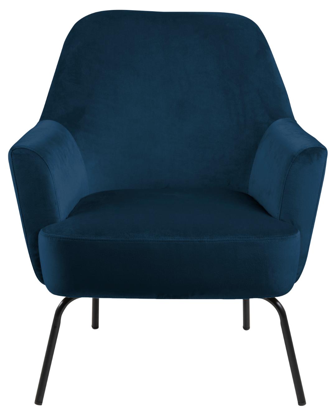 Loungestoel Hildan blauw, bekleed met zachte Vic-stof en zwarte gepoedercoate stalen poten