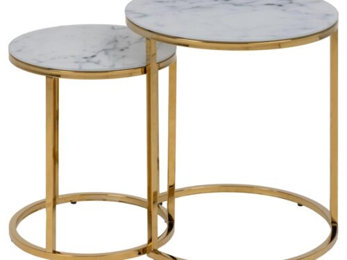 Tafelonderstel Heisso Glas Wit set nesttafels met wit glas en goudkleurig chroom, modern en verfijnd