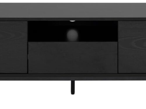 TV-meubel Daalto Zwart 140 cm met twee deuren, open vak en lade, strak zwart design op stalen poten