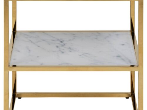 Nachtkastje Bausik Wit 45 cm met goudkleurig frame en wit marmerlook glazen planken