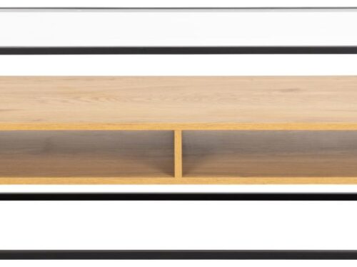 TV-meubel Greilu Transparant 120 cm met glazen blad, matzwart stalen frame en wild eiken plank