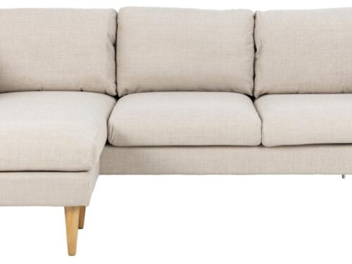 2-zitsbank Nonnine beige met chaise longue, losse kussens en houten poten voor compact comfort
