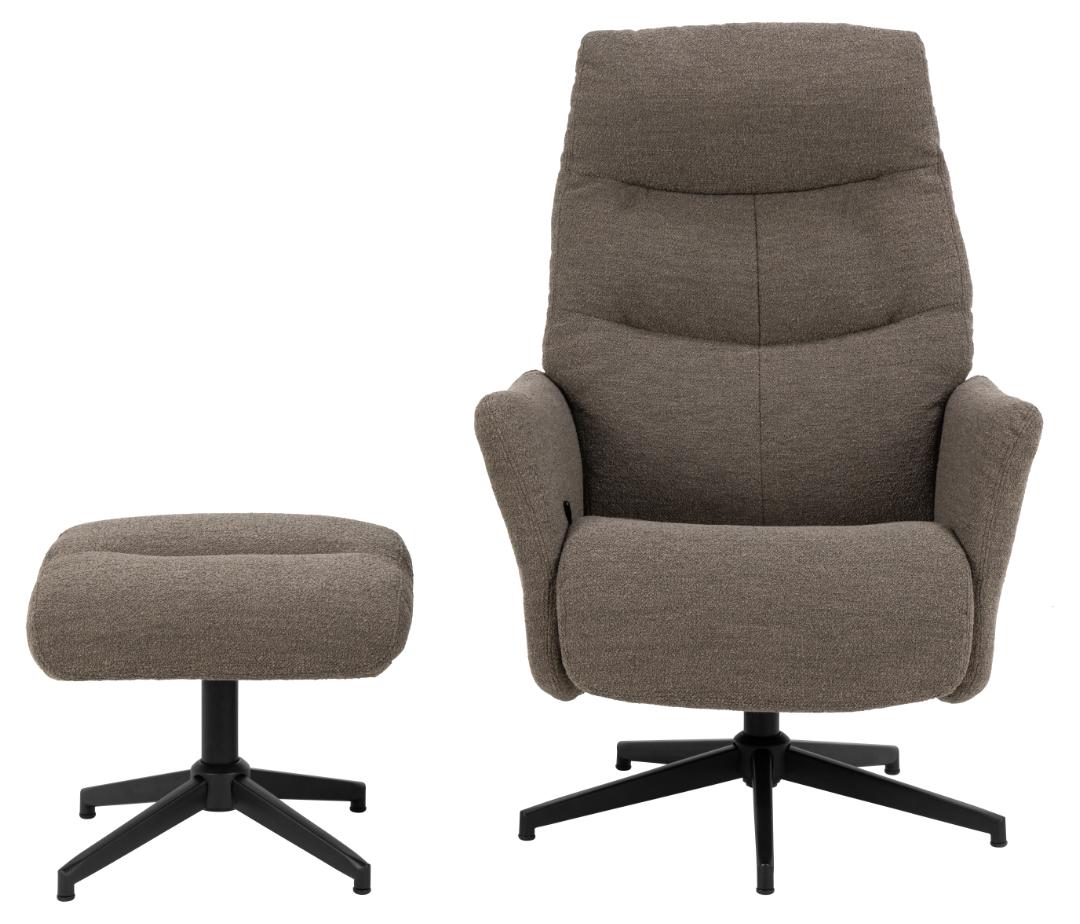 Relaxfauteuil Feilvoro grijs met taupe bekleding, matzwart stalen onderstel en losse voetenbank