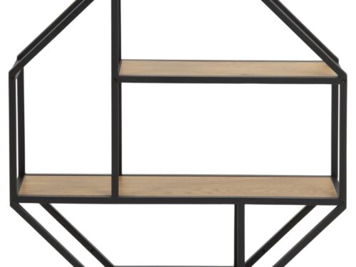 Wandplank Treintek MDF 77 cm met achthoekig zwart frame en vier planken in mat wilde eik