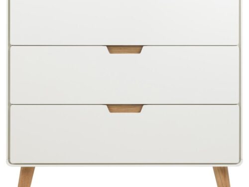Ladekast Neilvund wit 80 cm met drie lades, strak MDF-design en warme eiken poten