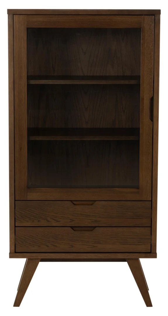 Displaykast Lendang Grijs 72 cm met glazen deur, twee planken en twee lades in gerookt eikenfineer
