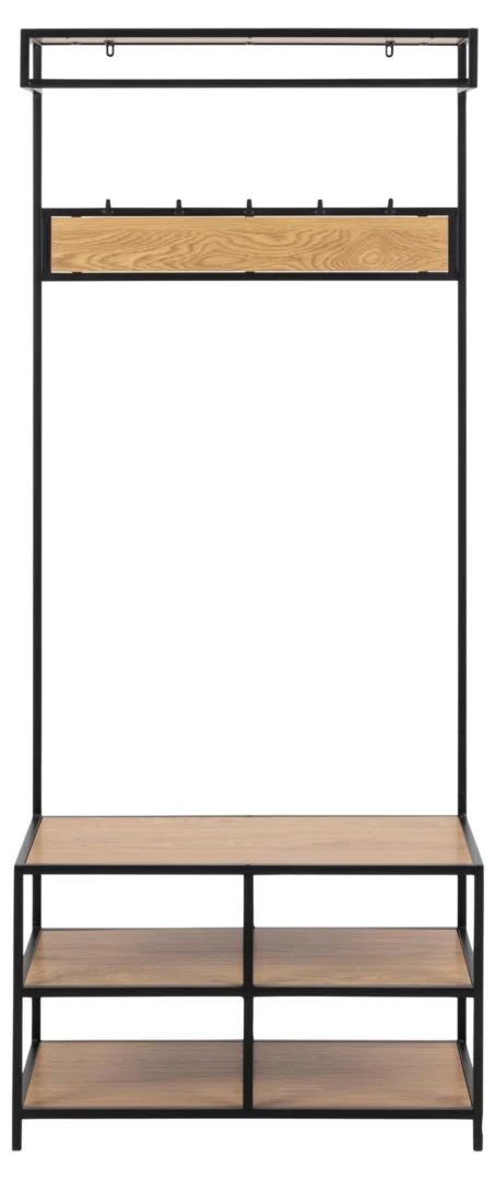 Kledingrek Foores staal 77 cm met mat zwart frame, drie eikenkleurige planken en vijf haken