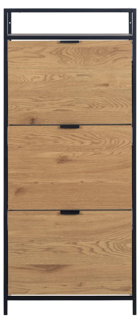 Schoenenkast Prostine Zwart 56 cm met mat zwart stalen frame en drie lades in wilde eik