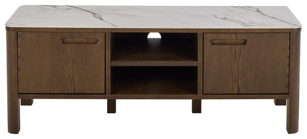 TV-meubel Mieston Beige 120 cm met crème keramieken blad, open vak en twee opbergdeuren