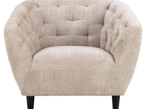 Bank Keelvi beige, compacte 1-zits fauteuil met ronde vorm, zachte Juto stof en zwarte houten poten