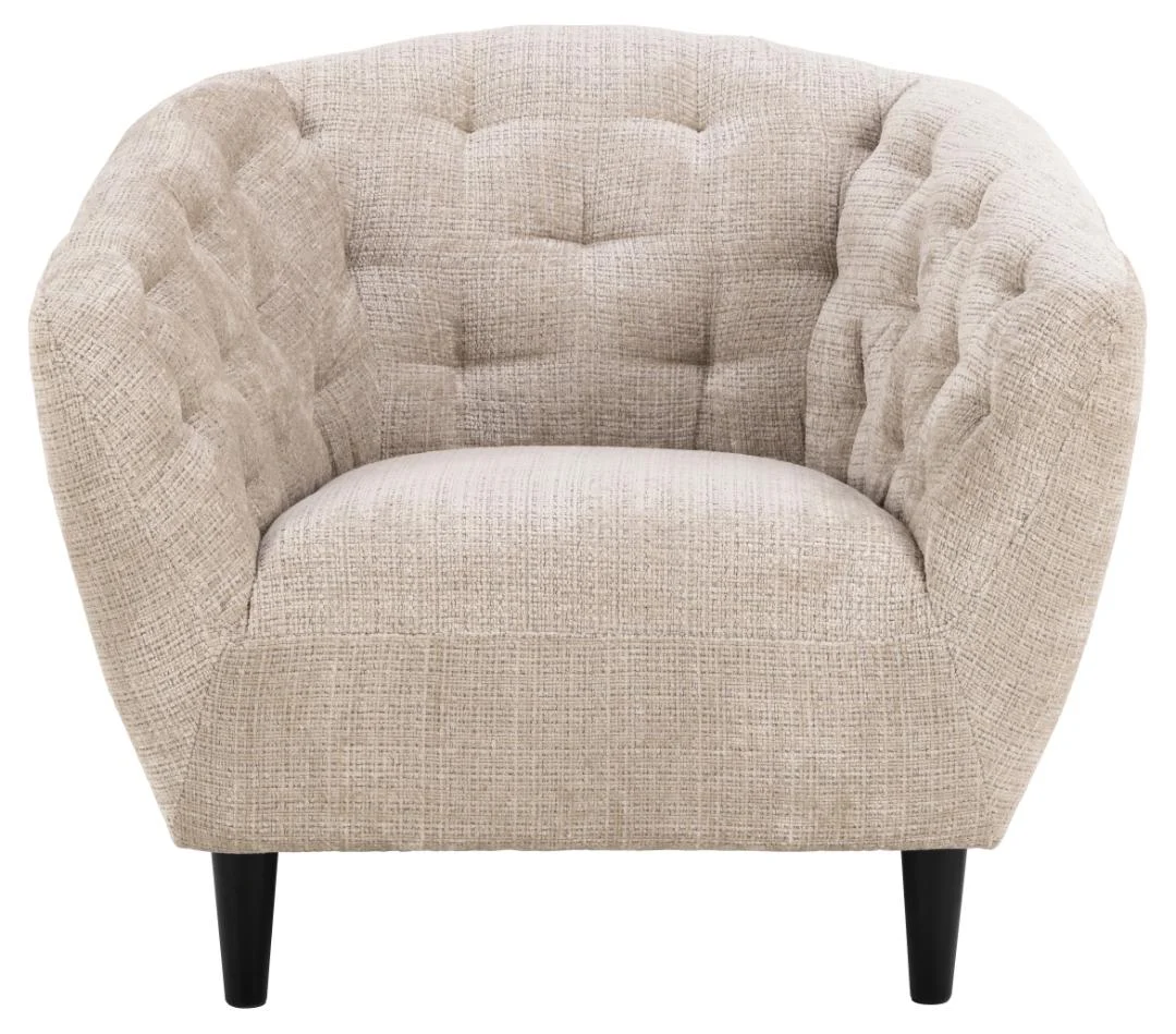 Bank Keelvi beige, compacte 1-zits fauteuil met ronde vorm, zachte Juto stof en zwarte houten poten