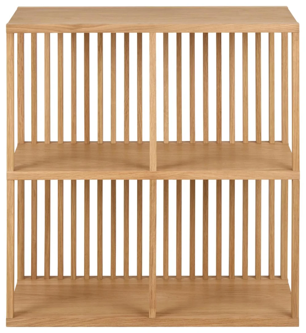 Wandplank Distun MDF 67 cm met eikenfineer, drie vakken en lattenrug in warme naturel afwerking