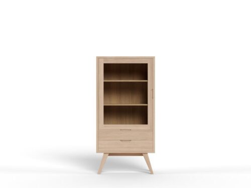 Displaykast Tallira Wit 72 cm, Scandinavische vitrinekast met glazen deur, eikenfineer en slanke poten