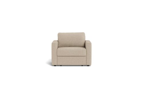 Slaapbank Zoonnik beige met brede armleuningen en matzwarte poten, compacte, moderne zit- en slaapbank