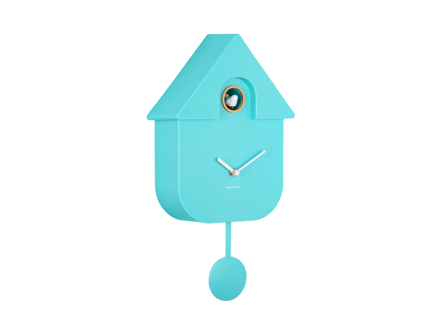 Wandklok Veenar Turquoise met modern vogelhuis-design, turquoise ABS-behuizing, metalen frame en slinger