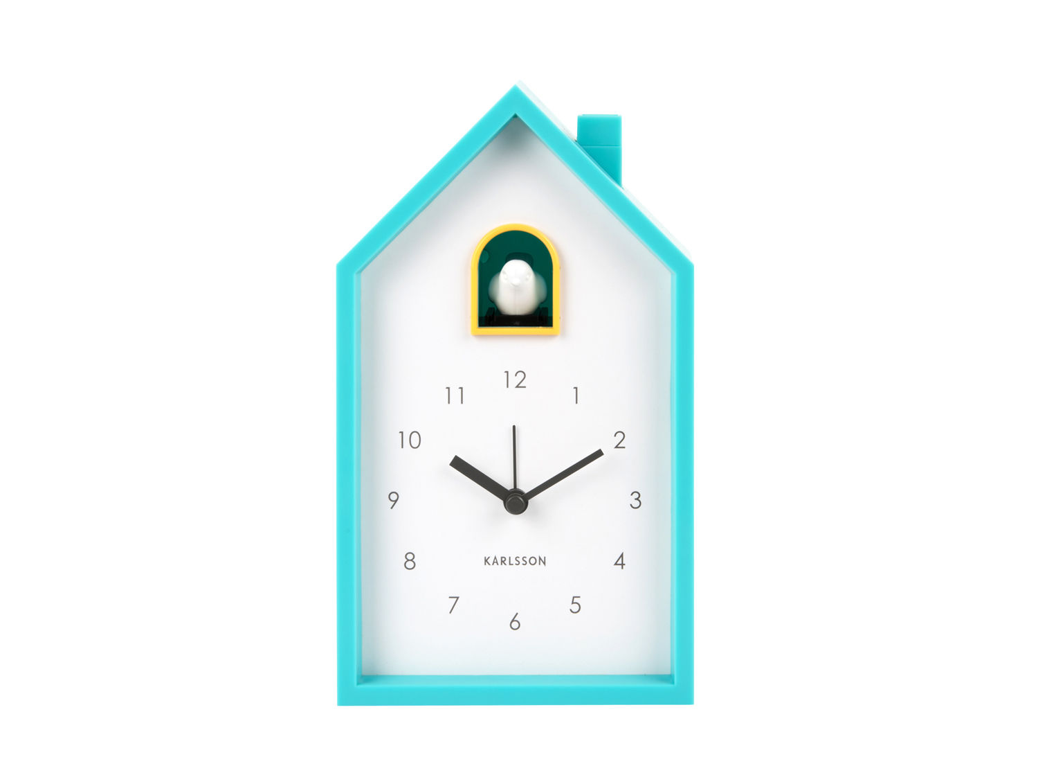 Wekker Stiresta Turquoise met koekoeksgeluid, speels huisvormig design en Karlsson wijzerplaat