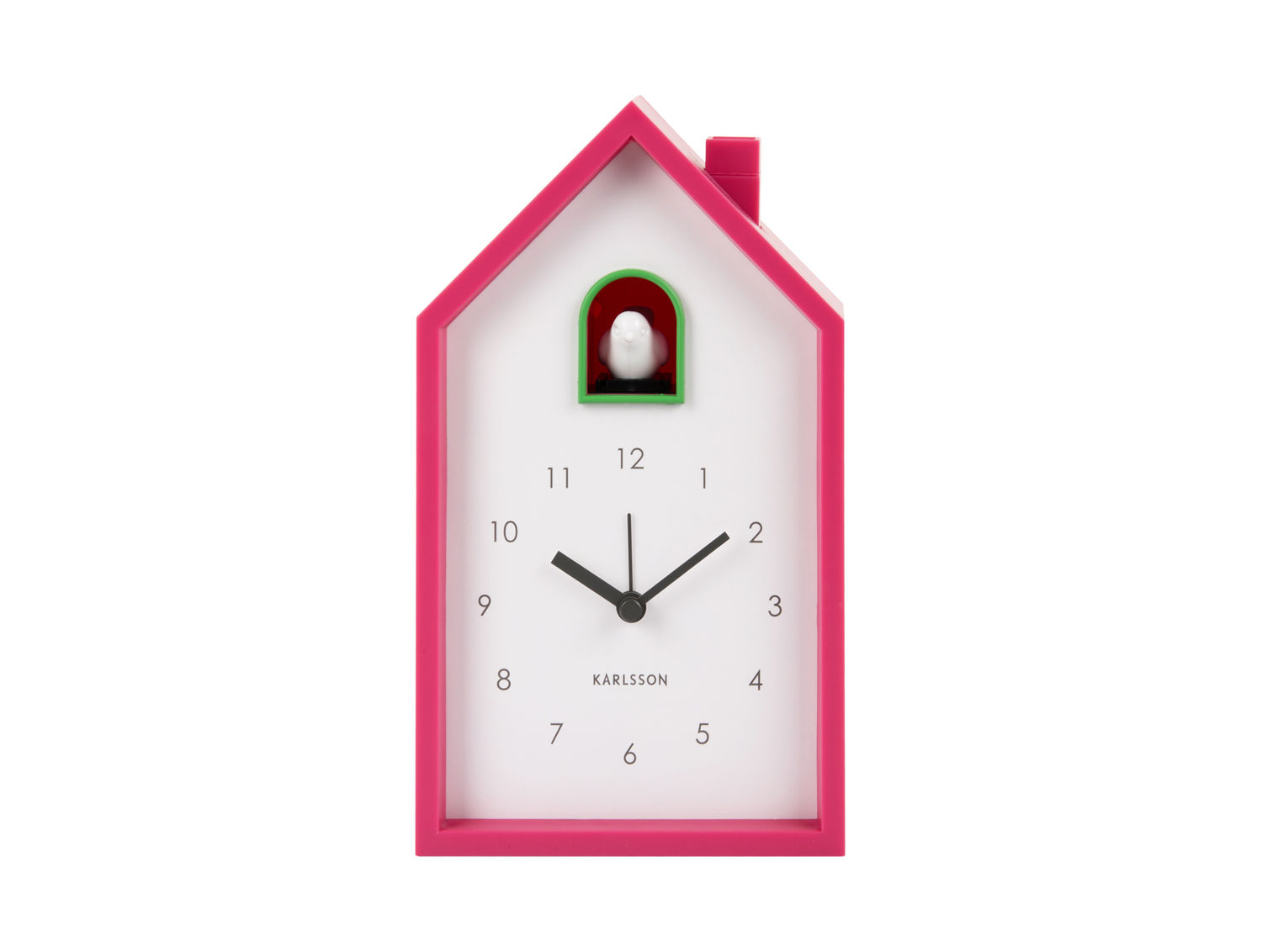 Wekker Breildone helder roze van Karlsson, huisvormig met koekoek in het midden en analoge wijzerplaat