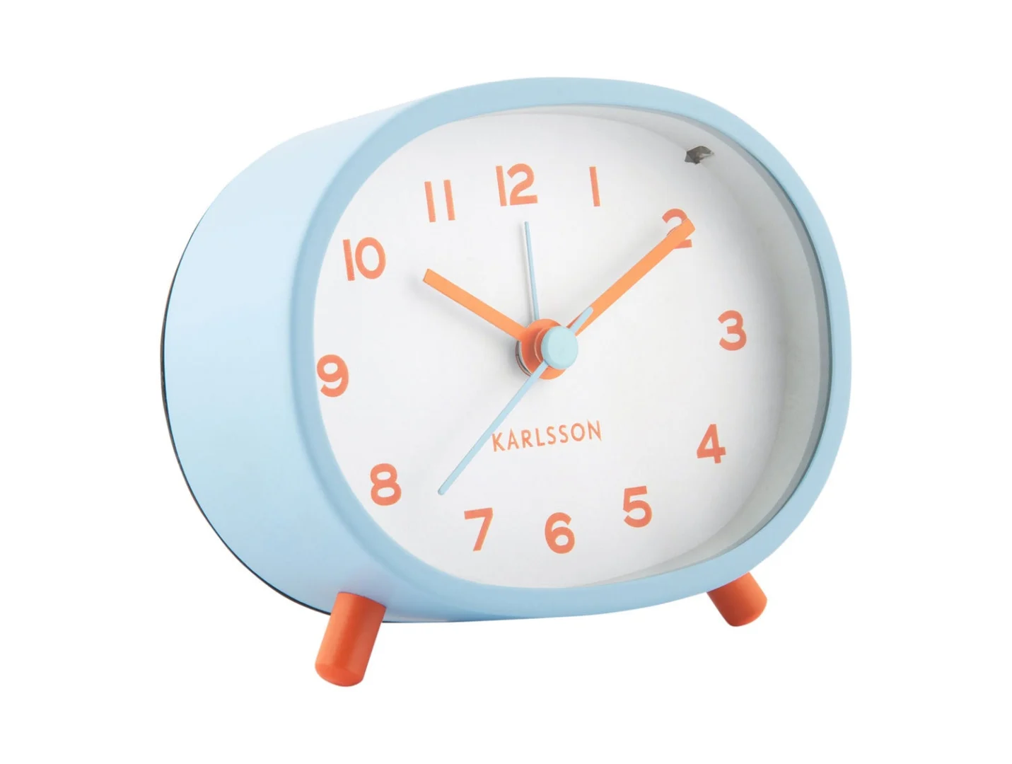 Wekker Vaantira zacht blauw met ovale vorm, oranje cijfers en voeten voor een speelse retrolook