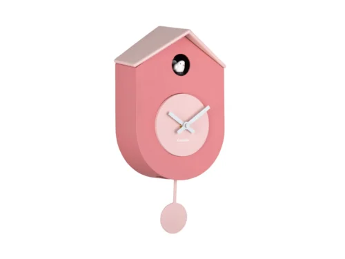 Wandklok Liernoro zacht roze met koekoek, ronde wijzerplaat en slinger, moderne muurdecoratie