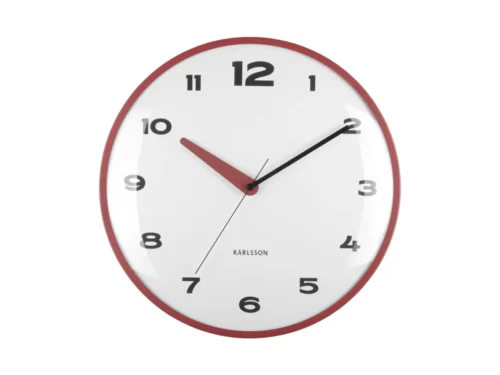Wandklok Kaadello Oker met rode rand, witte wijzerplaat, zwarte cijfers en dome lens