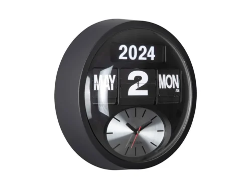 Karlsson Wandklok Broondek Zwart met ronde retro datumflap en analoge klok in stijlvol zwart