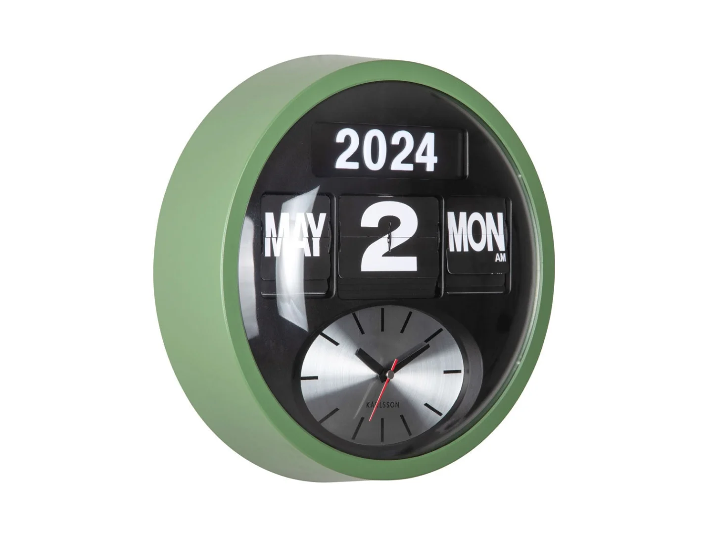 Wandklok Sokil Groen van Karlsson met analoge wijzerplaat, datumflap en retro uitstraling