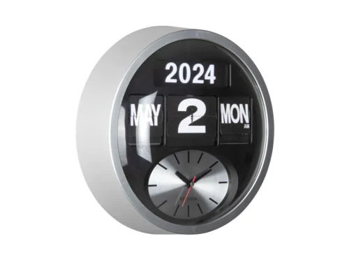 Wandklok Veiska Zilver met analoge wijzerplaat en retro date flip in ronde zilveren behuizing