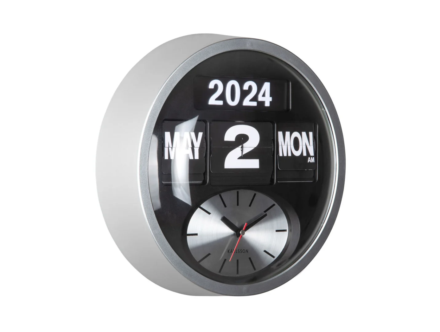 Wandklok Veiska Zilver met analoge wijzerplaat en retro date flip in ronde zilveren behuizing
