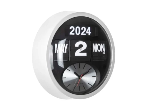 Wandklok Skeennund Wit van Karlsson met ronde vorm, analoge wijzerplaat en datumflip in zwart-wit