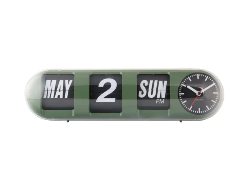 Wandklok Gooskek Groen met retro flipdisplay en analoge wijzerplaat in strakke, moderne groene behuizing
