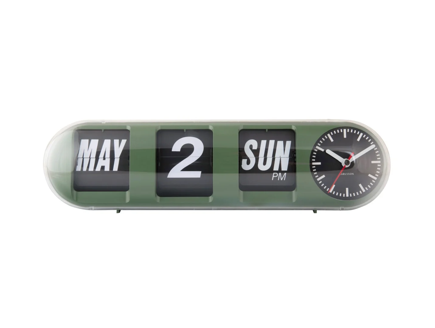 Wandklok Gooskek Groen met retro flipdisplay en analoge wijzerplaat in strakke, moderne groene behuizing