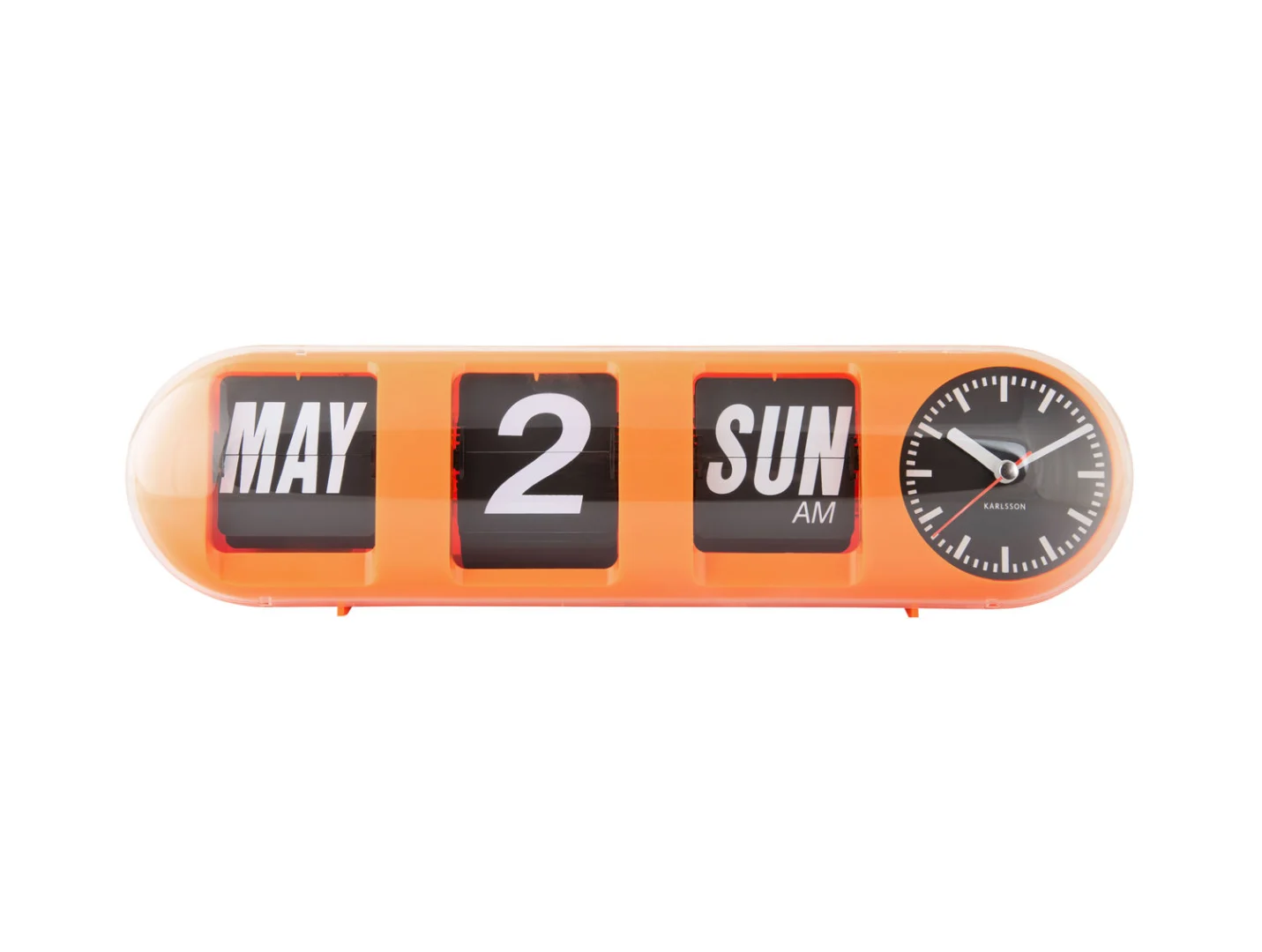 Wandklok Priedos Oranje met retro flip display, analoge tijd en datumweergave